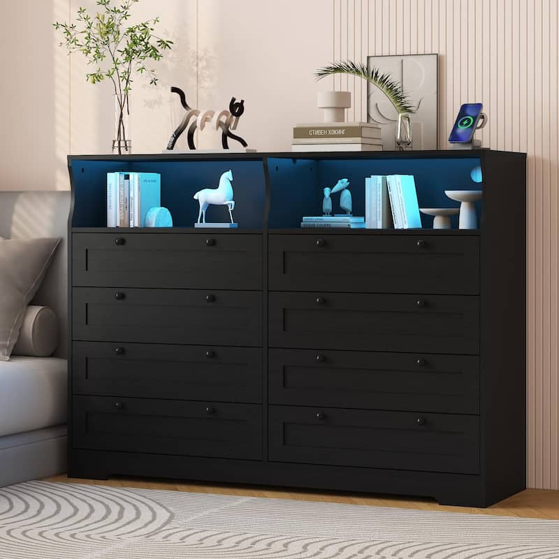 8 Drawer Dresser with RGB LED Lights, Power Outlet & 2 Open Shelves - Black