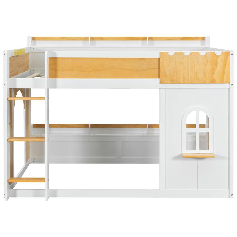 GDFStudio - Wood Bunk Bed with Storage Shelves, Window and Dual Doors