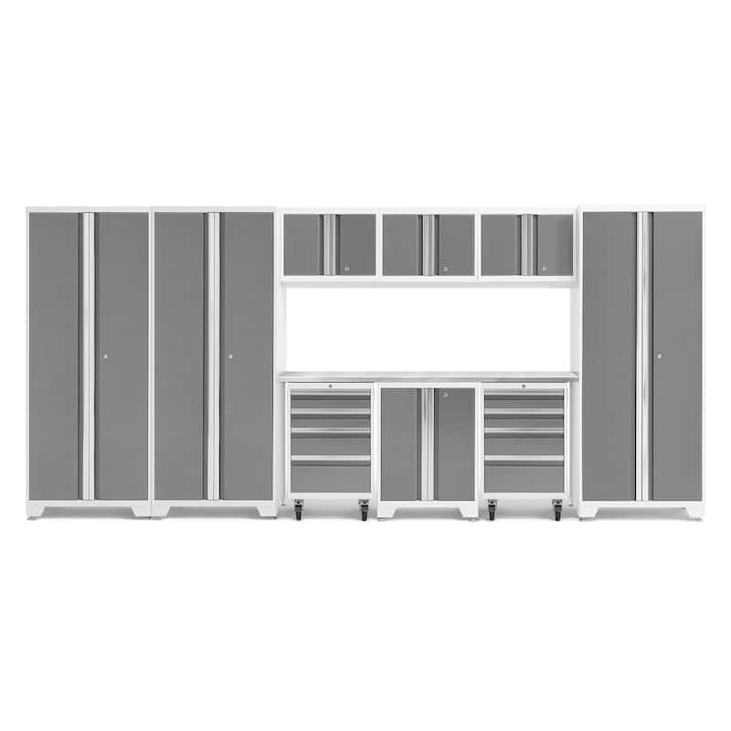 NewAge Products Bold Series 10-pc. Steel Garage Cabinet Set - Stainless Steel Top / No Slatwall - Platinum