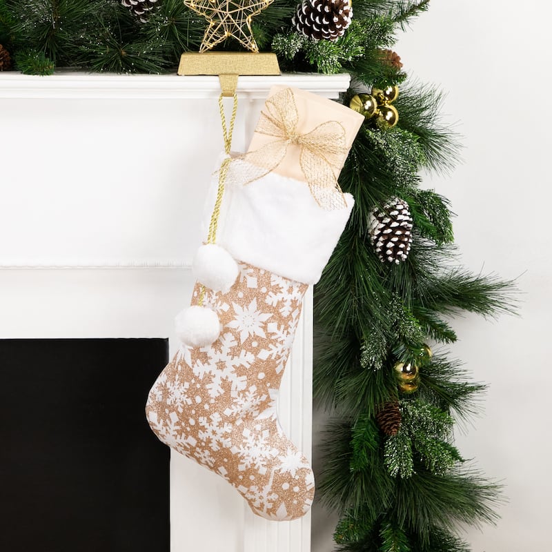 20.5" Glittered Gold Christmas Stocking with Snowflakes and Pom Poms