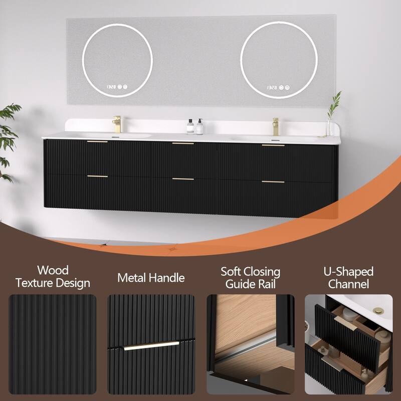 84" Floating Bathroom Vanity with Integrated countertop Rectangular Sink Solid Wood