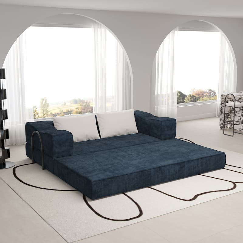 80" Convertible Sofa Bed with 2 Pillows, 2-Seat Folding Floor Couch, Multifunctional Chenille Loveseat Living Room Sleeper Sofa