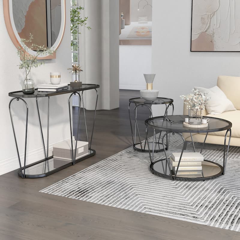 Gable Glam Glass Top 3-Piece Coffee Table Set with Shelf by Furniture of America - Grey