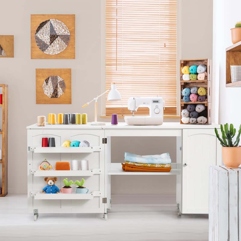 Costway Folding Sewing Table Shelves Storage Cabinet Craft Cart with - See Details - White