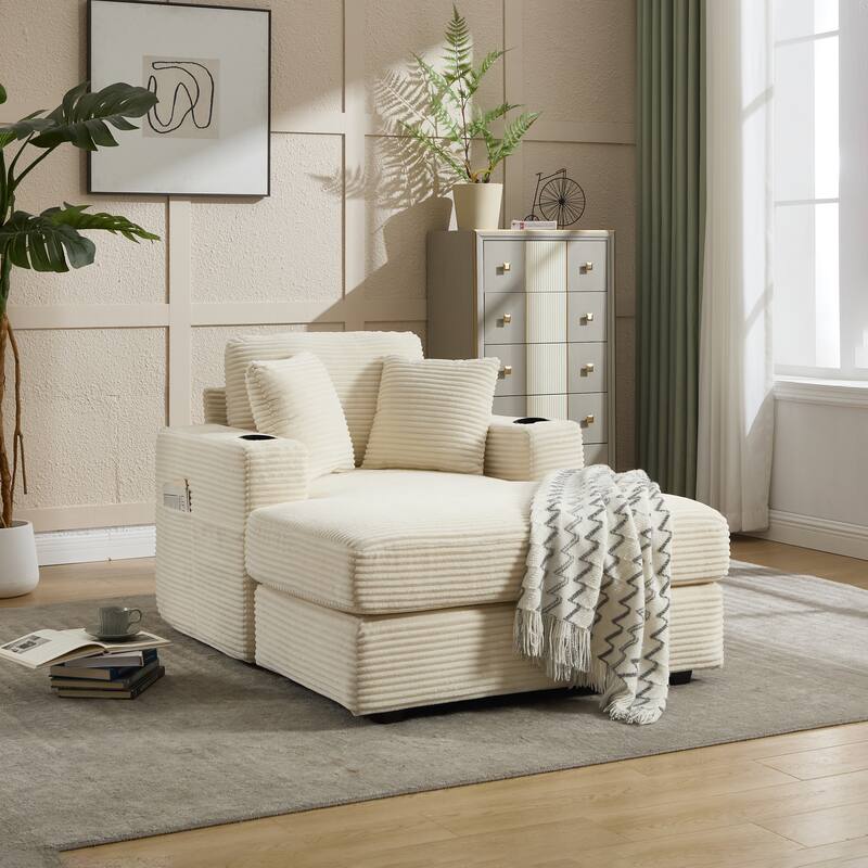 Corduroy Upholstered Chaise Lounge Sofa,Magazine bag,Detachable Cushions Deep Seat,3 colour