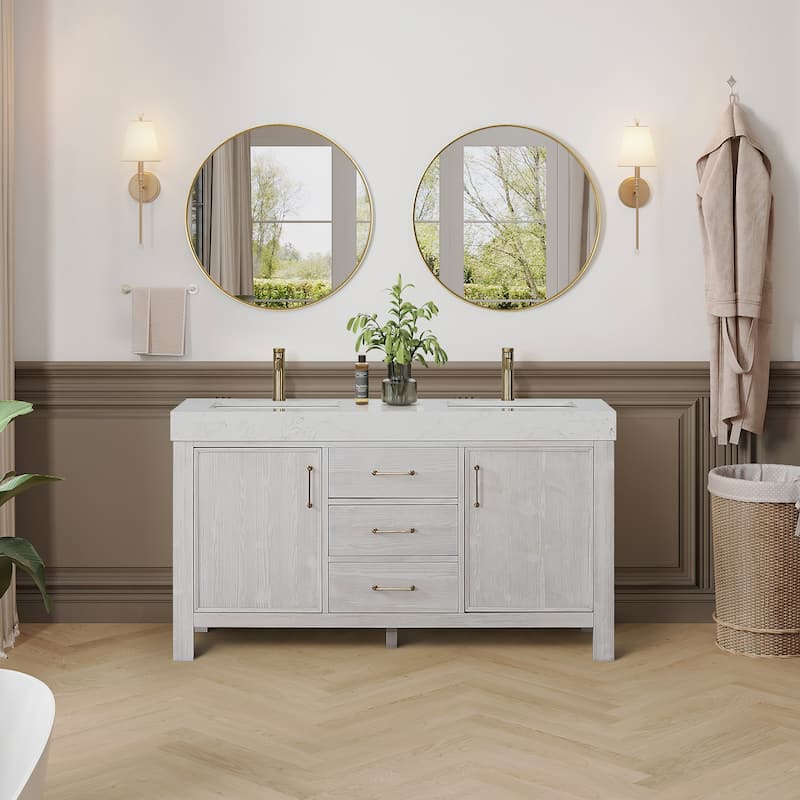 Leon 60 in. Double Bathroom Vanity with Composite Stone Top - 60 in. - Washed White - With Mirror