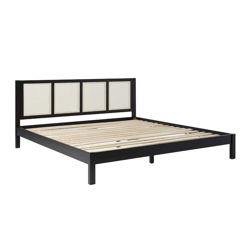 Solid Wood Rattan Panel King Bedframe in Black