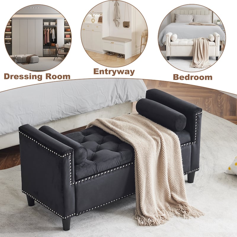 44.5-Inch Velvet Storage Bench with Armrests, Upholstered Button Tufted Ottoman with Nailhead Trim for Entryway & Bedroom