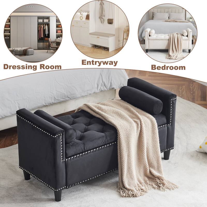 Storage Bench, Queen Velvet Button Bedside Bench, Entryway Living Room with Armrests, Nailhead Trim, Upholstered Bedroom Bench