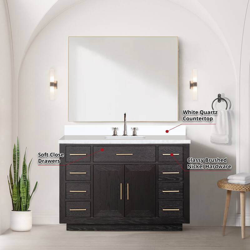 Abbey 48 in W x 22 in D Black Oak Single Bath Vanity, White Quartz Top, Faucet Set, and 46 in Mirror