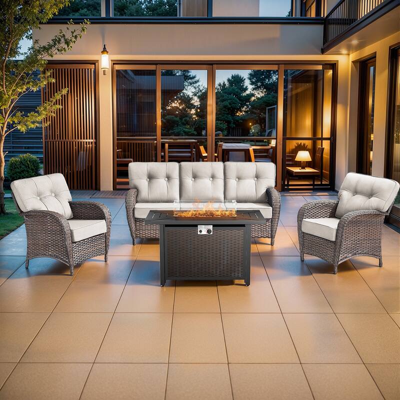 Pocassy Outdoor 43 In Fire Table with Sofa Patio Swivel Chair Set - Brown Wicker Beige Cushion - 6-Piece Sofa Patio Chair with Fire Pit Table