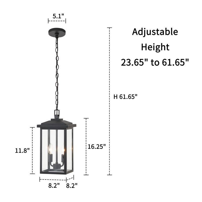 KAWOTI 2-Light Matte Black Outdoor Lantern Pendant Light - W8.25" x D8.25" x H16.25"