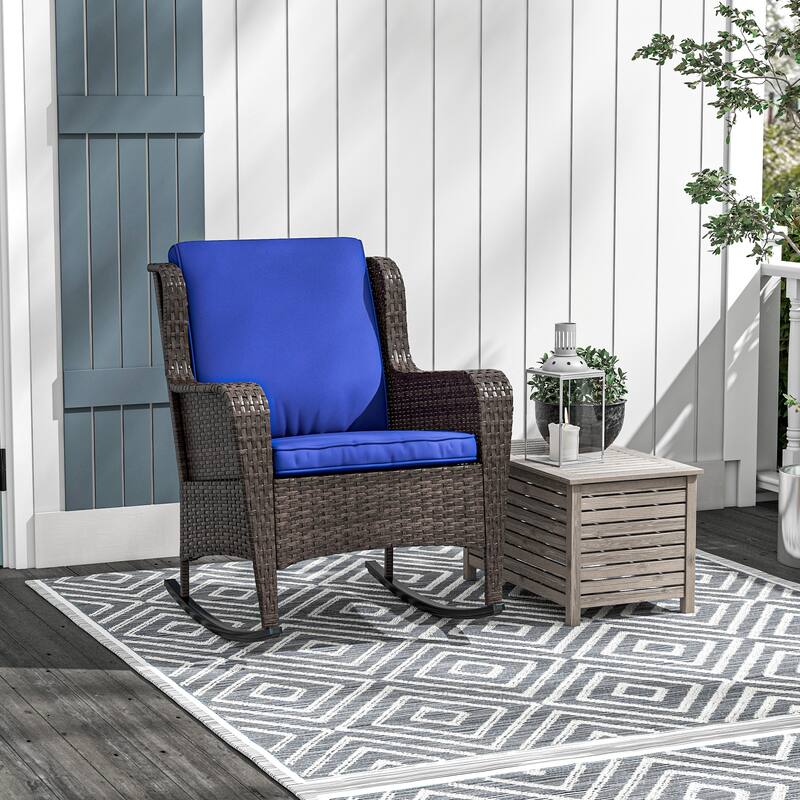 Outsunny Outdoor Wicker Rocking Chair with Wide Seat, Thick Cushions, Rattan Rocker with Steel Frame, High Weight Capacity f