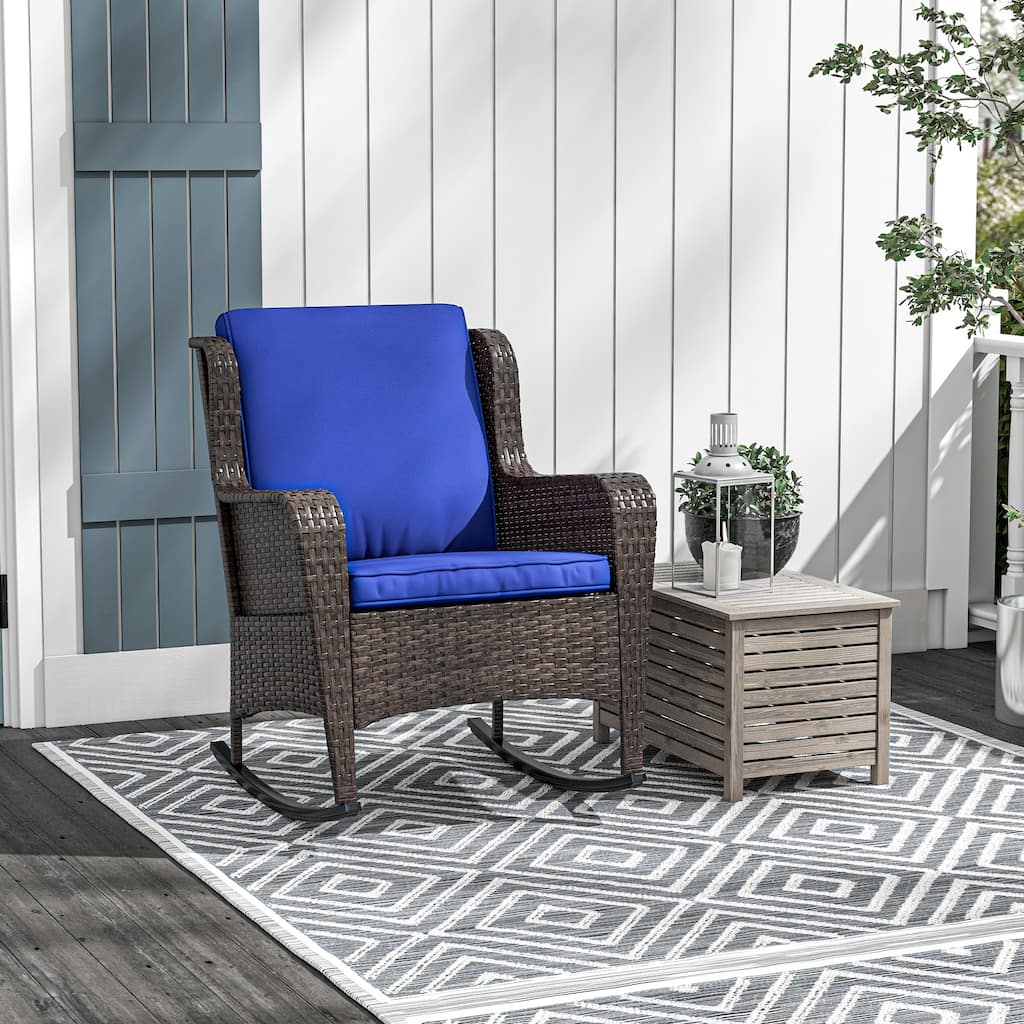 Outsunny Outdoor Wicker Rocking Chair with Wide Seat, Thick Cushions, Rattan Rocker with Steel Frame, High Weight Capacity