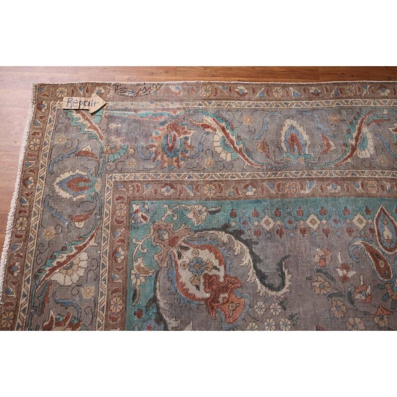 Gray Geometric Tabriz Persian Antique Area Rug Handmade Wool Carpet - 10'1" x 12'7"