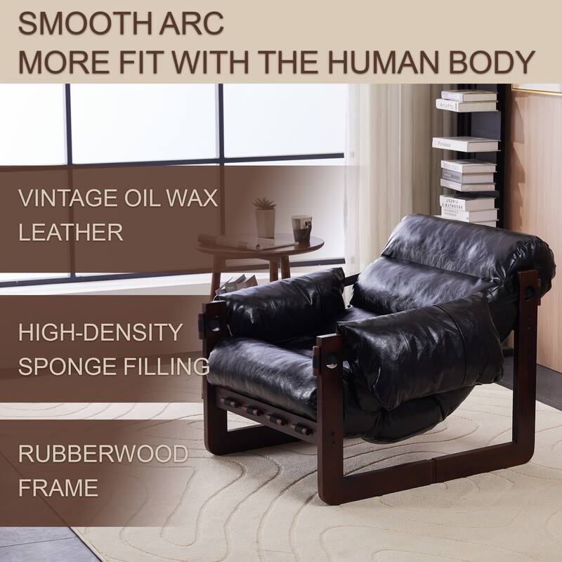 Oil-Waxed Leather Lounge Chair with Removable Armrests and Rubberwood Frame