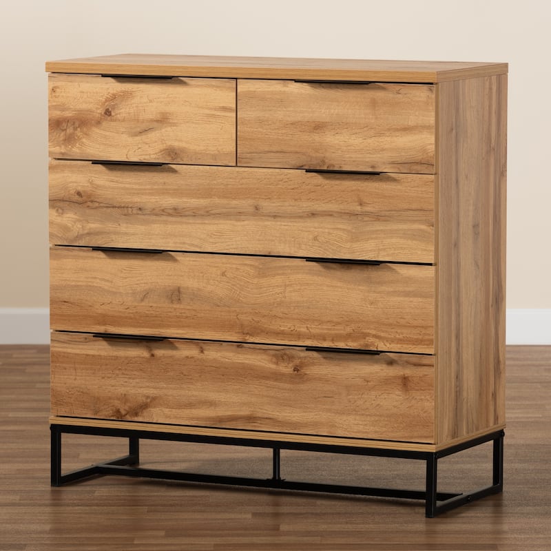 Franklin Oak Wood and Black Metal 5-drawer Bedroom Chest