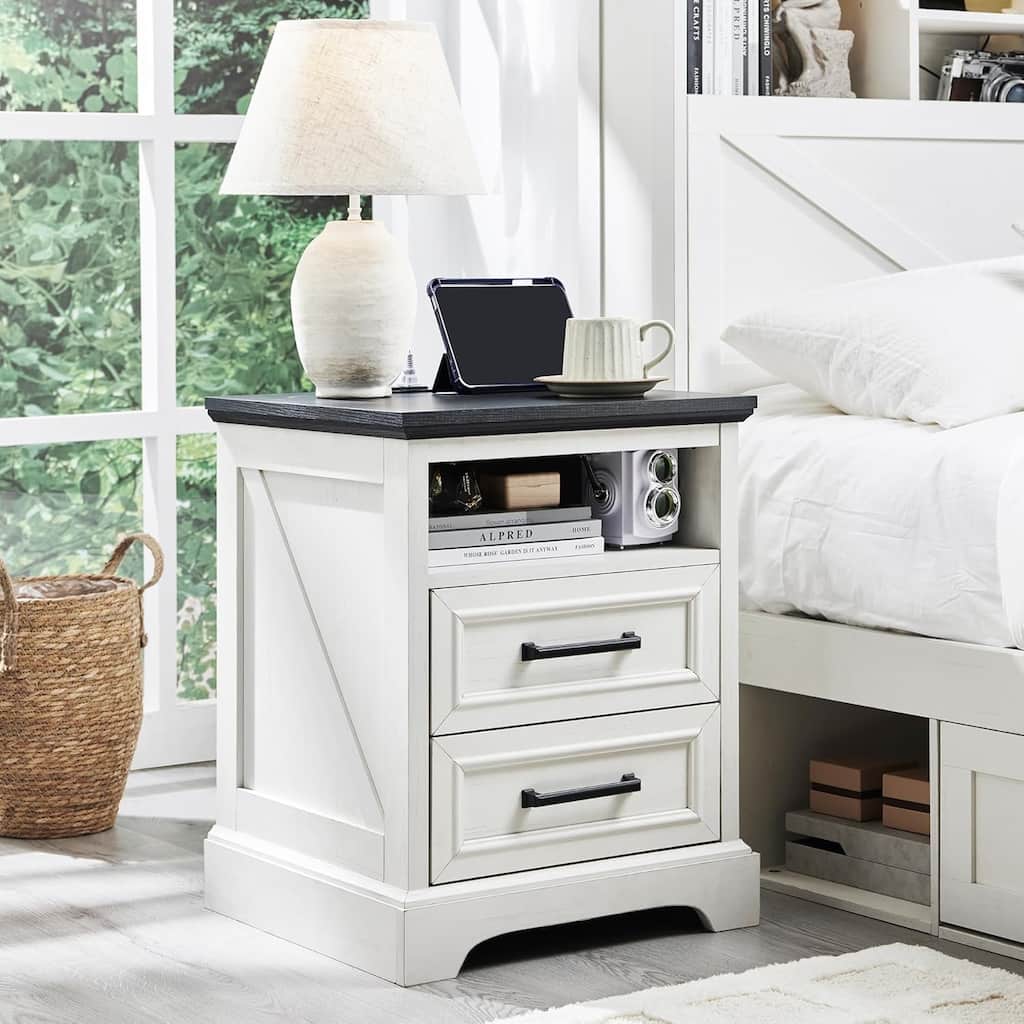 Farmhouse Nightstand with Charging Station, End Table with 2 Drawers