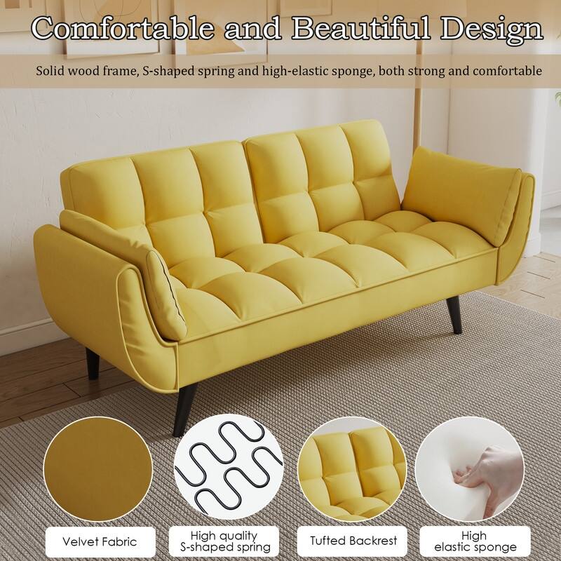 74" Velvet Upholstered Double Sofa Bed, Beige