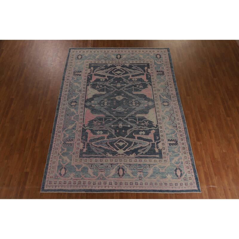Hand Knotted Oriental 100% Wool Carpet Transitional All-Over Navy Blue & Blues Oushak Area Rug - 10' 10'' X 8' 0''