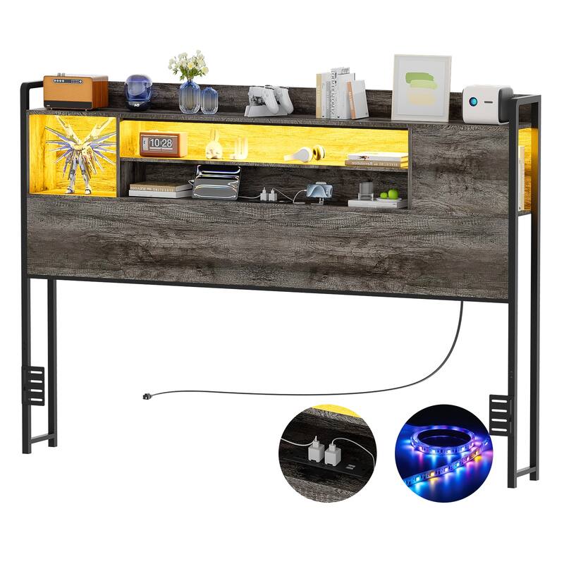 Storage Headboards with Power Outlet and LED Light, Head board with Storage Shelves for Bed Frame