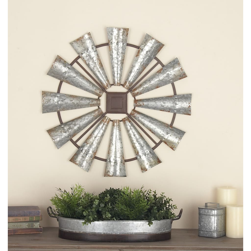 Silver Metal Distressed Galvanized Windmill Home Wall Decor with Rust Frame