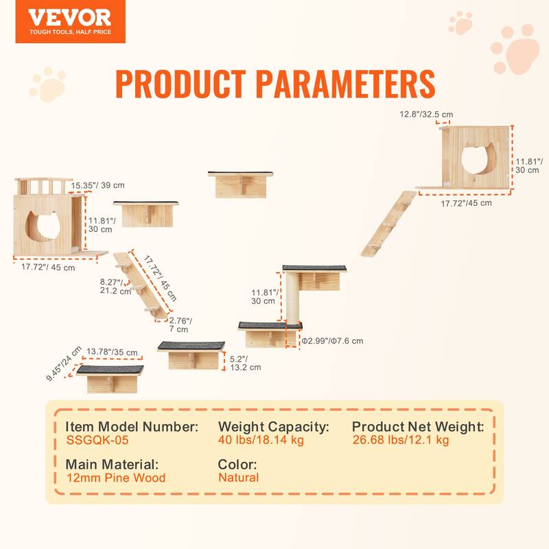 Wall Mounted Cat Shelves, Cat Wall Shelves and Perches with Jumping Boards, Hammock, Sofa, Cat Tree & Cat Grip