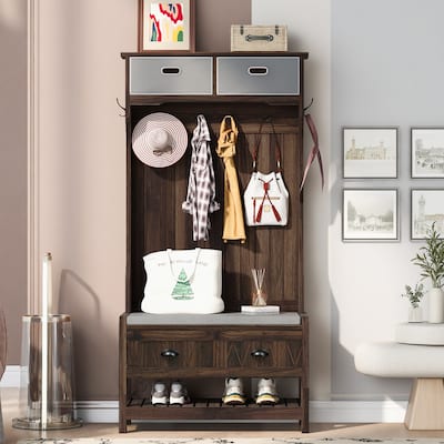Hall Tree with 6 Hooks and Hinged Lid, Coat Hanger, Entryway Storage Bench