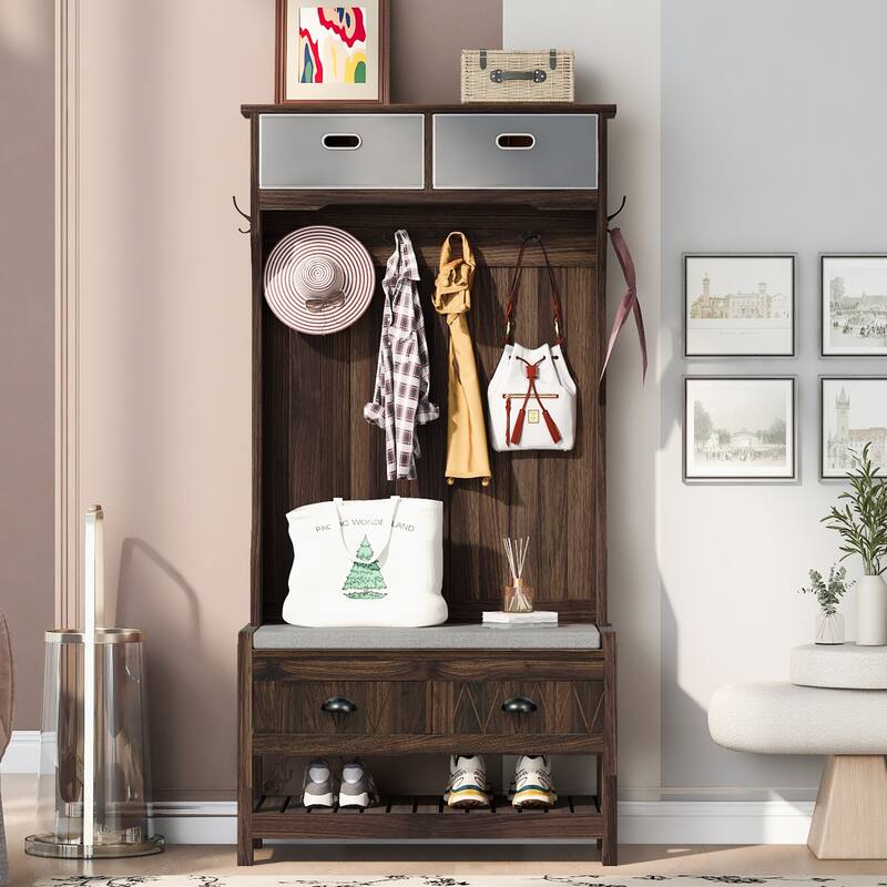 Storage Bench, Versatile Hallway Coat Rack Entry Shoe Bench