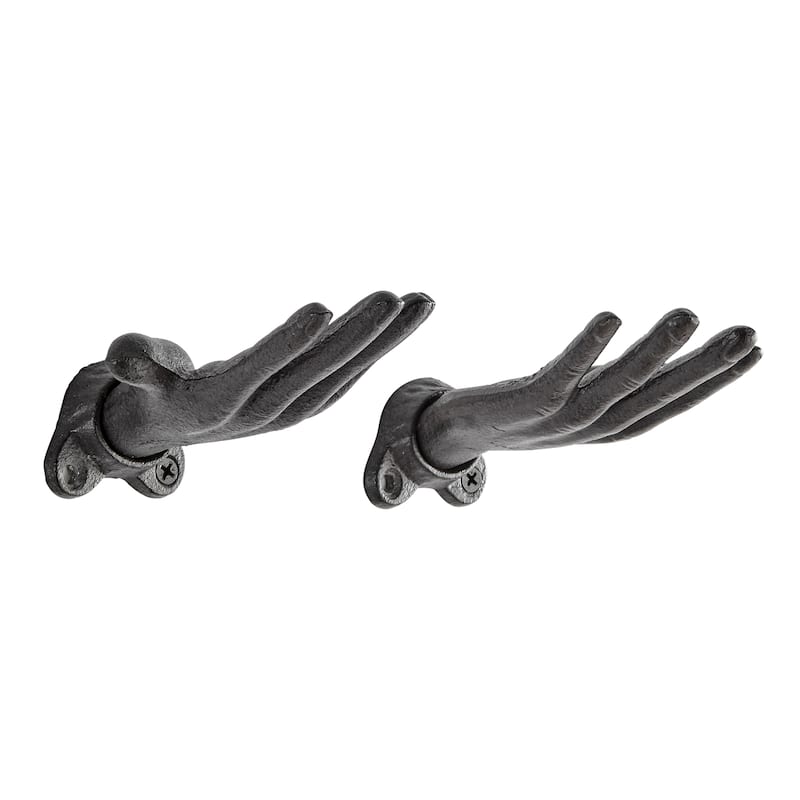 "Palms Up" Dark Brown Cast Iron Wall Mount Hook Set (Set of 2)