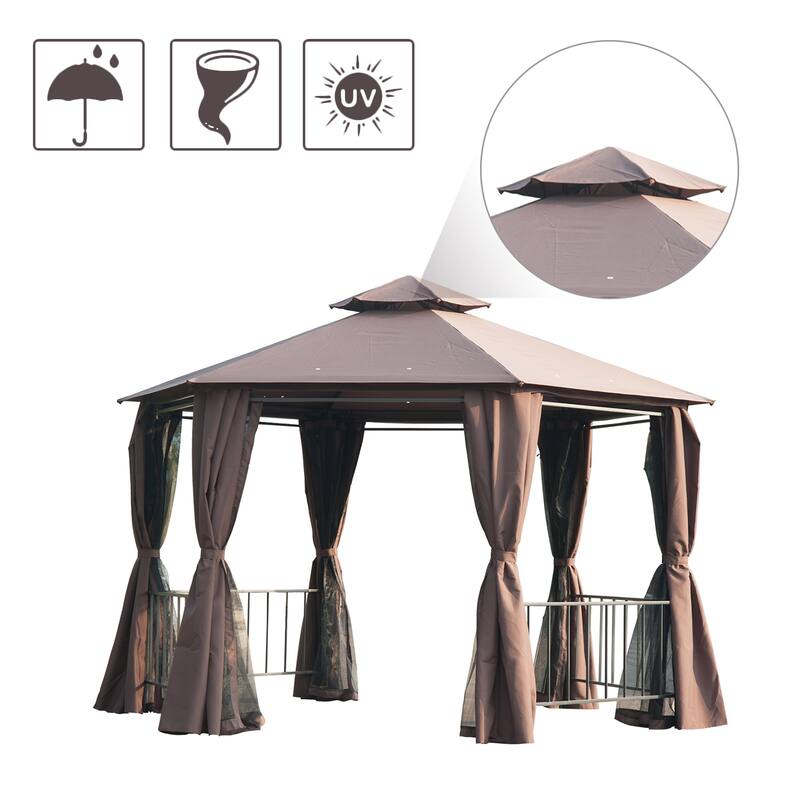 Outsunny 7' x 7' 2-Level Hexagon Outdoor Patio Gazebo Canopy Pavilion with Removable Mesh Curtains, Double Tiered Roof