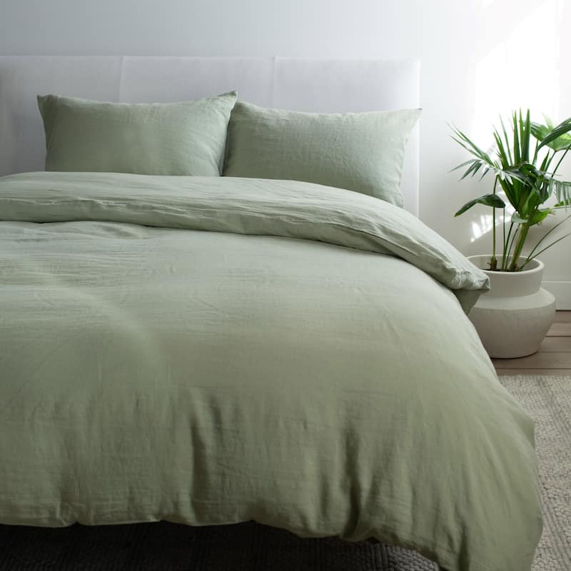 100% French Linen Duvet Cover & Sham Set by BOKSER HOME - Matcha - Twin - 3 Piece