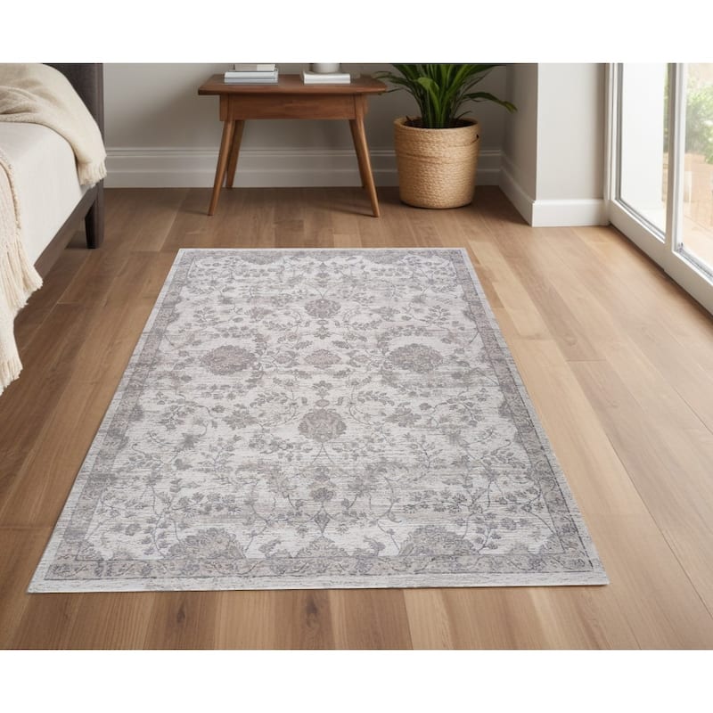 Bihi Distressed Floral Traditional Stain Resistant Woven Area Rug By HomeRoots - 4' X 6' - Cream/Onyx - Rectangle