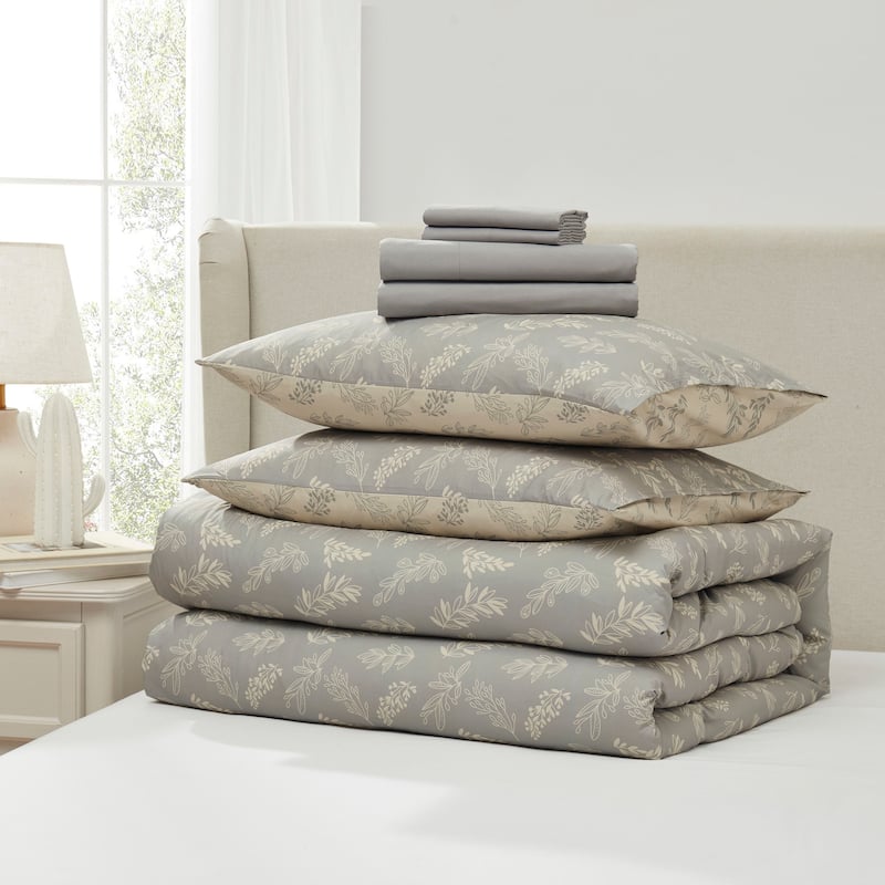 Empyrean 7 Pc Botanical Comforter Set with Sheets, Soft Breathable Lightweight Bedding Bag