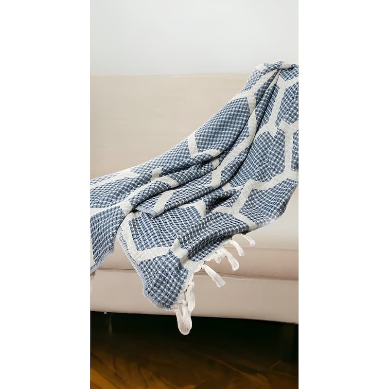 60" X 50" Blue and Off White Woven Cotton Geometric Throw Blanket with Fringe - Throw