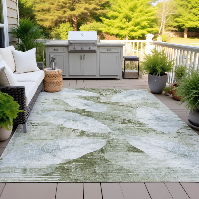 Machine Washable Indoor/Outdoor Modern Leaf Chantille Rug - Aloe - 10' x 14'