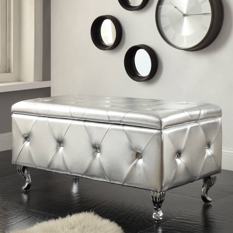 Upholstered Tufted Storage Bench - Silver