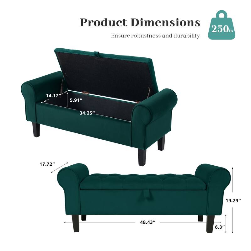 Velvet Storage Bench With Rubber Wood Legs for Bedroom