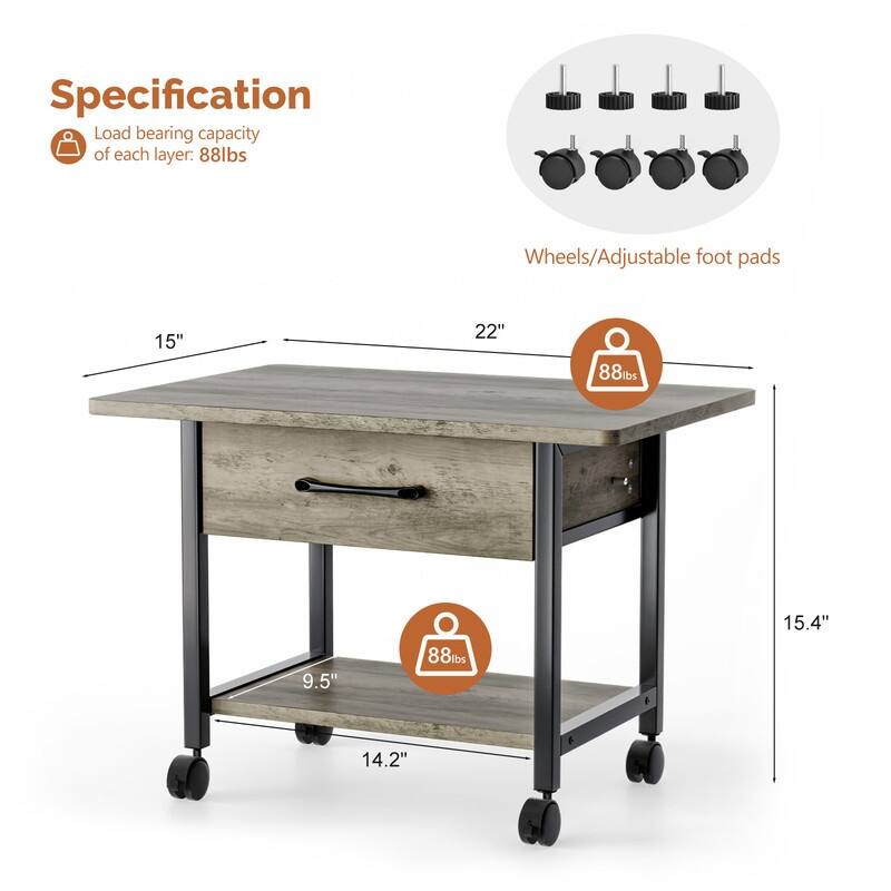 2 Tier Rolling Printer Stand with 1 Drawer Washed Gray P2 Particleboard 22x15x15.6 inches