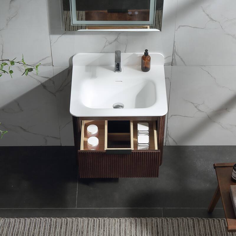 Modland Fluted Floating Vanity with Sink, Plywood Wall Mount Cabinet, Curved Edge, 24/30/36 Inch