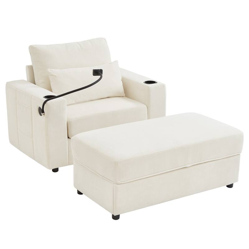 Modern Style Armchair with a Movable Storage Ottoman, Two USB Ports, Two Cup Holders, a Phone Holder and Side Pockets