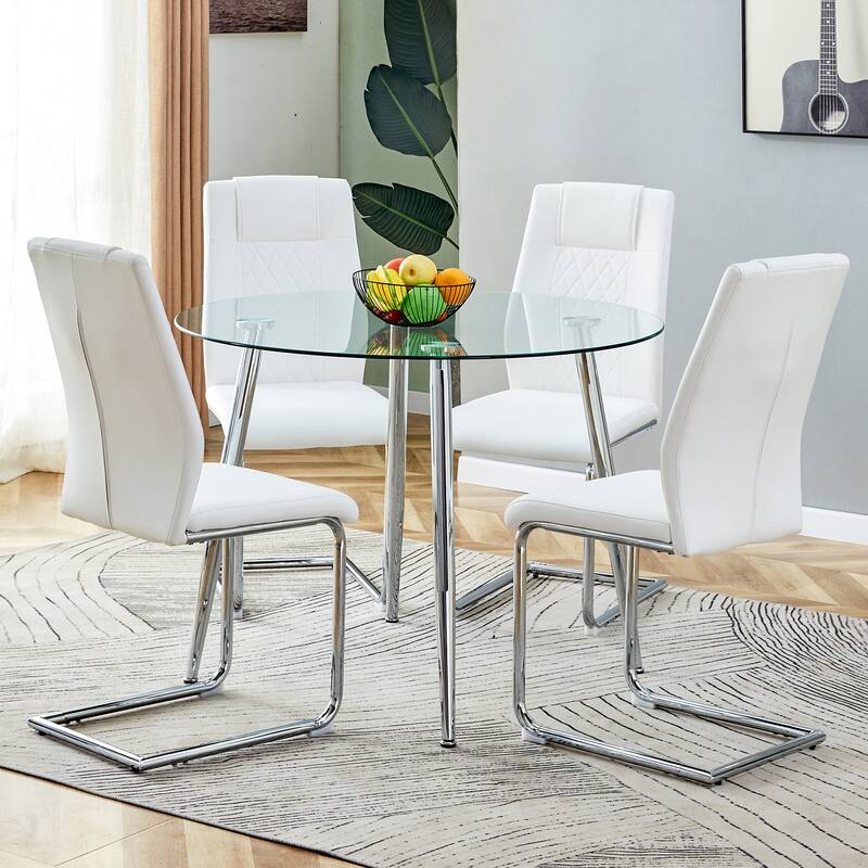 Modern 5-Piece Dining Set with Round Glass Top & 4 PU Upholstered Chairs