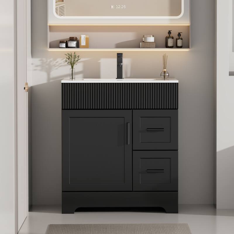 Modern 24/30/36/48" Wave-Line Bathroom Vanity Set with Sink & Faucet - 30"-Black - 30"
