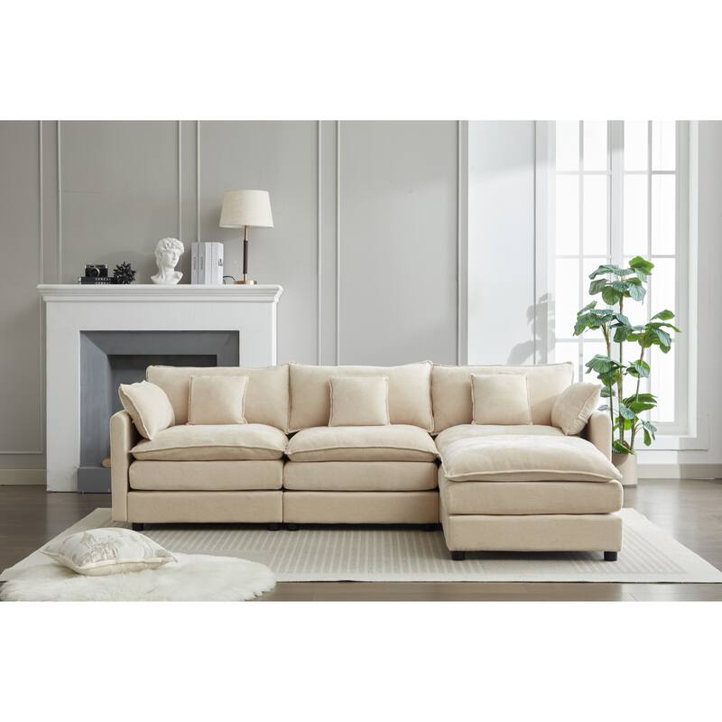 Modular 3-Seater L-Shaped White Chenille Sofa with Ottoman, 99x65x32 inches, 167 lbs