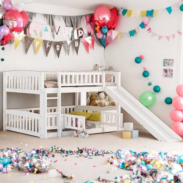 slide 2 of 14, Full over Full Low Bunk Bed With Slide,Fence and Ladder for Bedroom White
