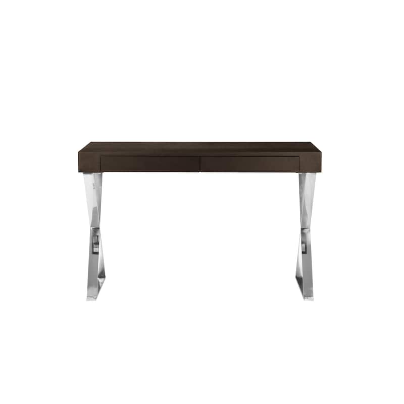 Rix 47 Inch Office Desk, Espresso Brown Wood, 2 Drawers, X Polished Steel