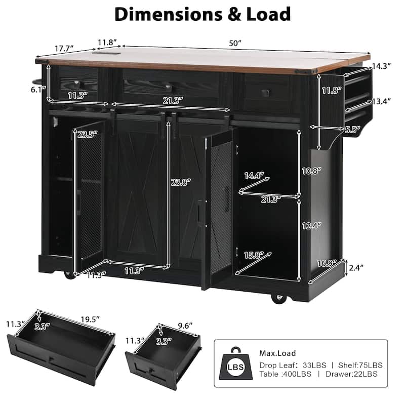 58" Farmhouse Kitchen Island with Sliding Barn Door, Drop Leaf & Storage, Mobile on 5 Wheels