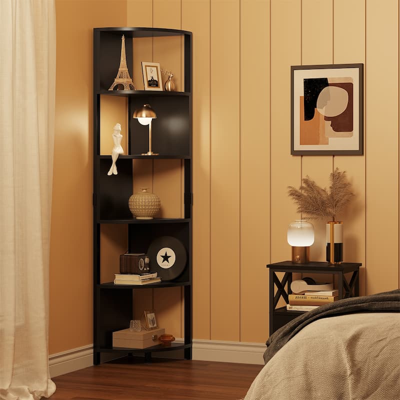 Herrell 5-Tier Corner Bookshelf 68" Tall Modern Free Standing Zigzag Corner Bookcase