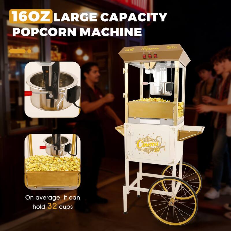 16Oz Commercial Popcorn Machine With Cart and 16 Oz Kettle, Movie Theater Popcorn Machine