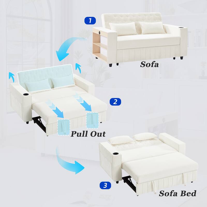 Chenille Pull-out Sofa Bed Convertible Couch, Loveseat Sofa with Adjustable Backrest, Storage Rack, Cup Holders, USB Ports